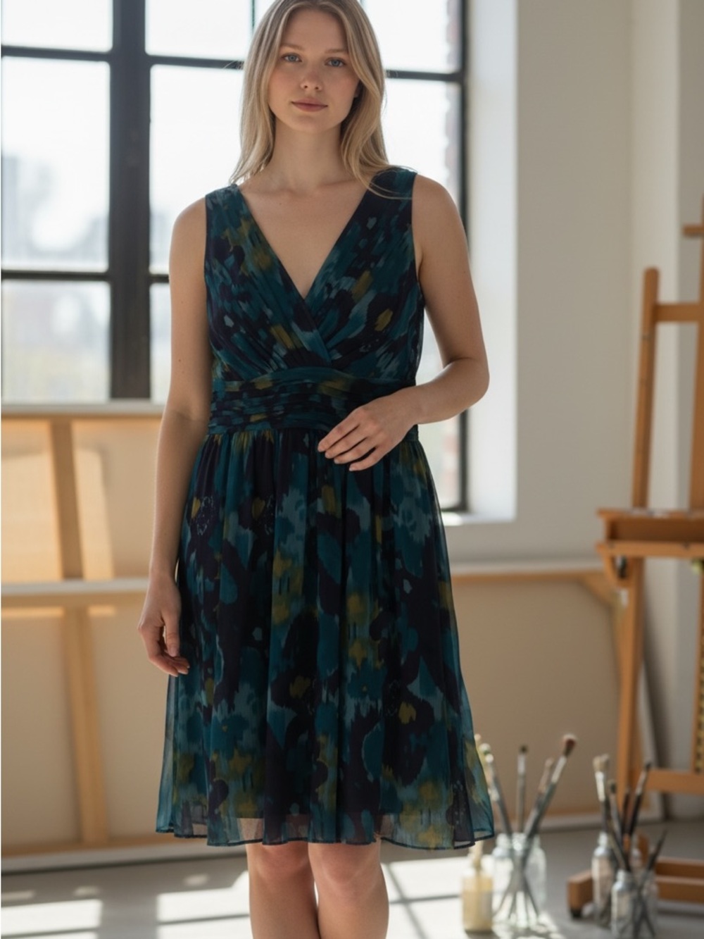 Printed Teal & Navy Sleeveless Midi Dress - Picture 3 of 4